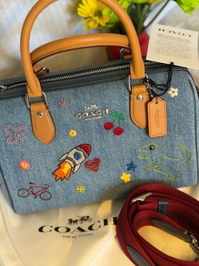 Denim Coach Rowan Embroidered Rainbow Dinosaur Patches Satchel